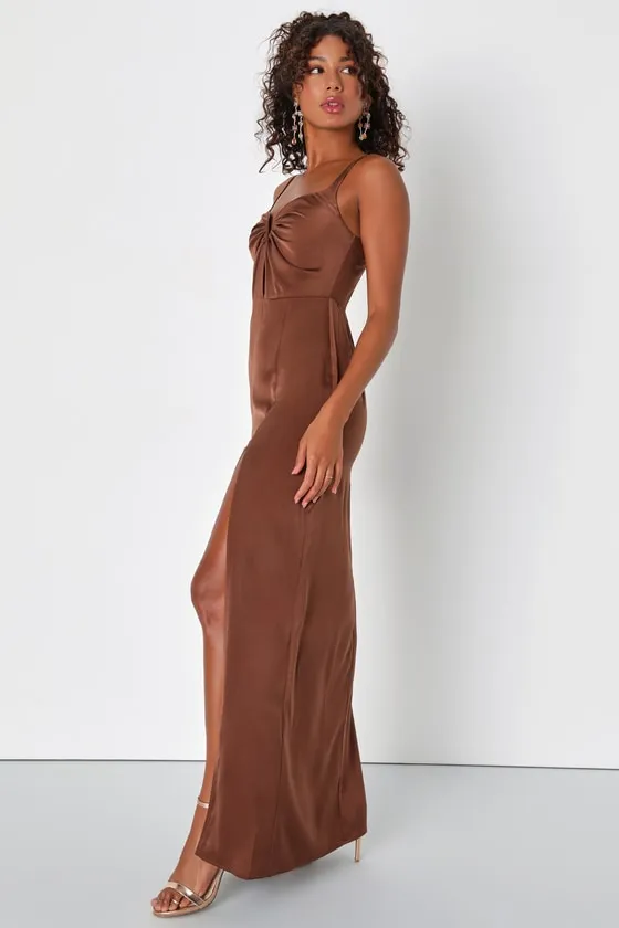 Lovely Drama Brown Satin Sleeveless A-Line Maxi Dress sold by Lulus product image thumbnail 4