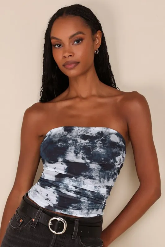 Flirty Focus Dark Blue Abstract Print Mesh Strapless Crop Top sold by Lulus