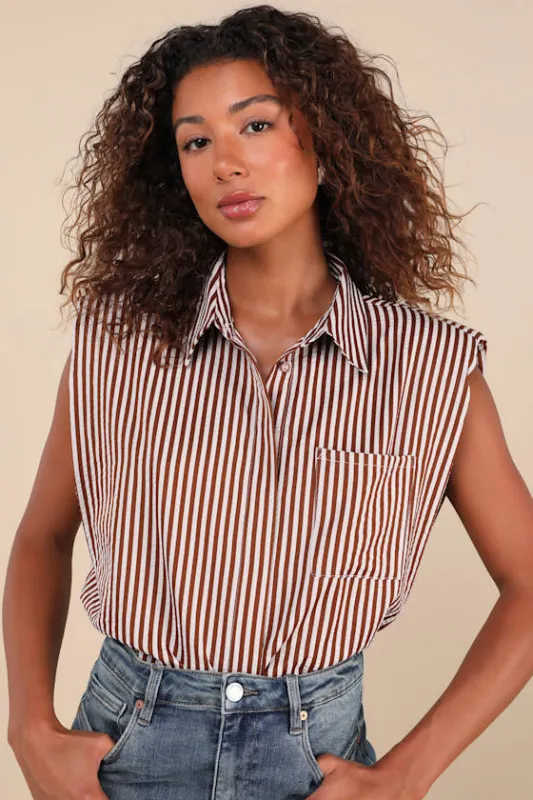 Elswyth Brown Striped Boxy Sleeveless Button-Up Top sold by Lulus