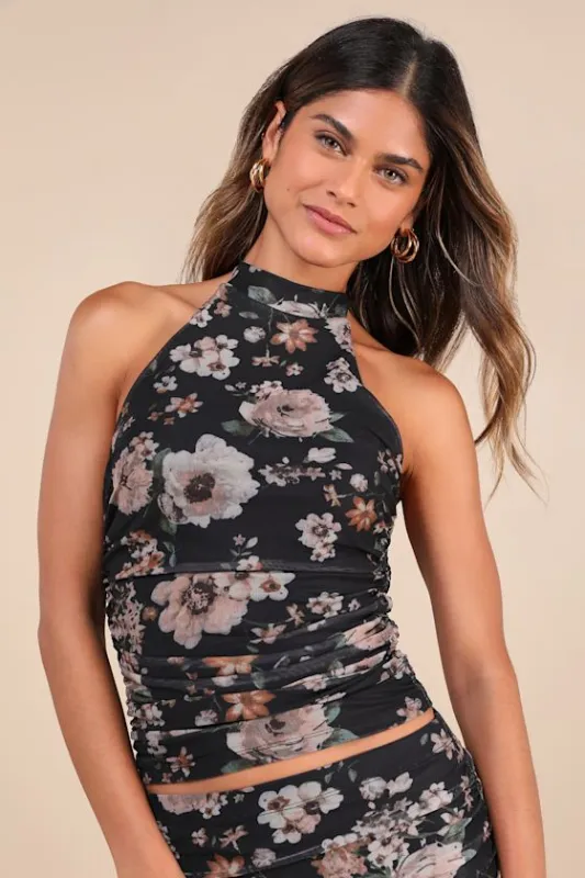 Gorgeous Admiration Black Floral Print Mesh Ruched Halter Top made by Lulus