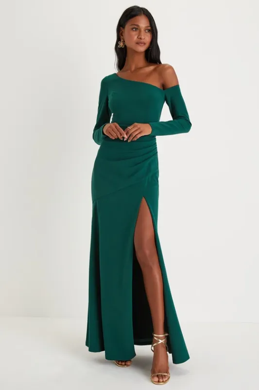 Elegant Sensation Emerald Green Asymmetrical Pleated Maxi Dress sold by Lulus
