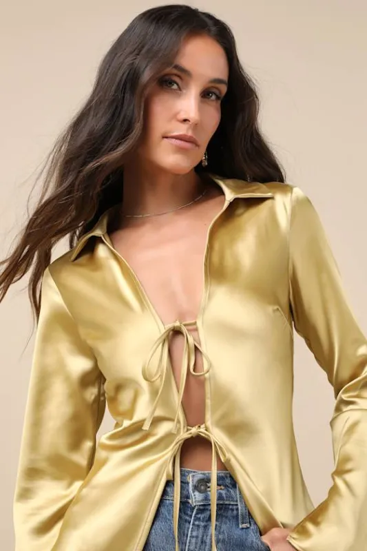 Coveted Aesthetic Gold Tie-Front Long Sleeve Collared Top sold by Lulus