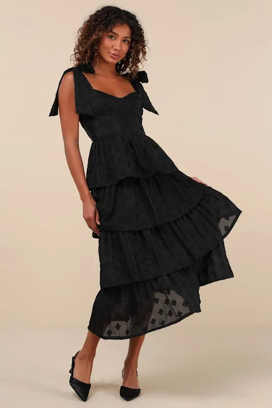 Gorgeous Excellence Black Floral Burnout Tiered Midi Dress sold by Lulus
