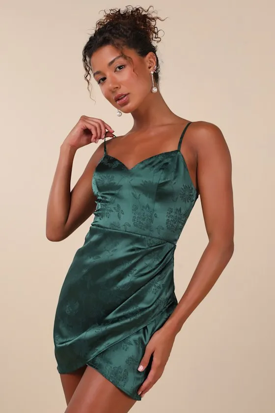 Refined Delight Emerald Satin Jacquard Tulip Mini Dress sold by Lulus