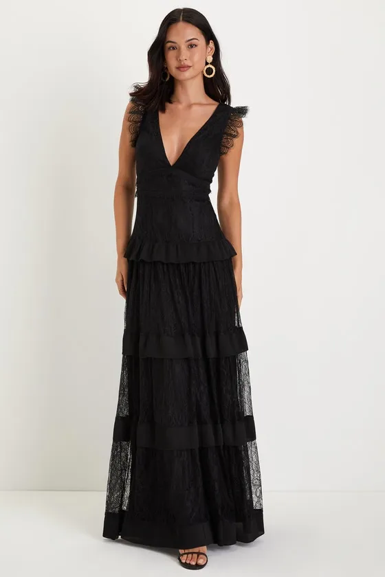 Marvelous Darling Black Lace Ruffled Tiered Maxi Dress sold by Lulus