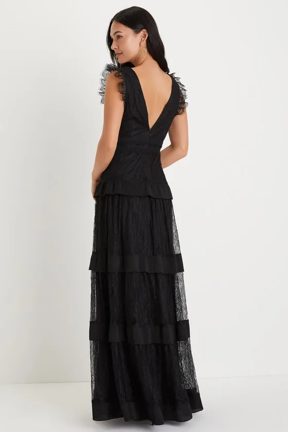 Marvelous Darling Black Lace Ruffled Tiered Maxi Dress sold by Lulus product image thumbnail 2