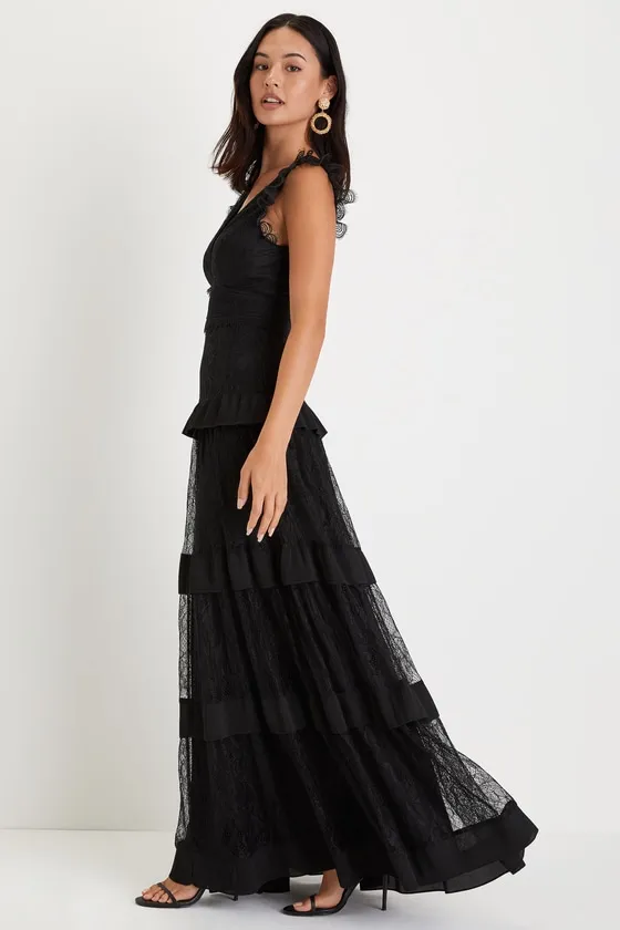 Marvelous Darling Black Lace Ruffled Tiered Maxi Dress sold by Lulus product image thumbnail 3