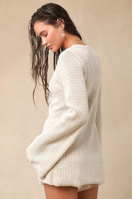 Antoine Cream Crochet Long Sleeve Tie-Front Swim Cover-Up Top sold by Lulus product image thumbnail 2