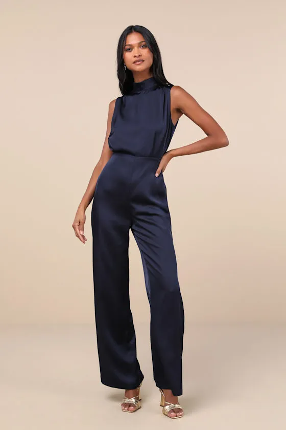 Classic Elegance Navy Blue Satin Sleeveless Mock Neck Jumpsuit sold by Lulus