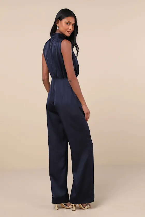 Classic Elegance Navy Blue Satin Sleeveless Mock Neck Jumpsuit sold by Lulus product image thumbnail 2