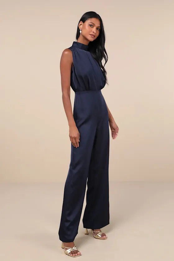 Classic Elegance Navy Blue Satin Sleeveless Mock Neck Jumpsuit sold by Lulus product image thumbnail 4