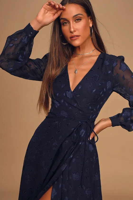 Evening of Elegance Navy Blue Floral Jacquard Wrap Midi Dress sold by Lulus product image thumbnail 2