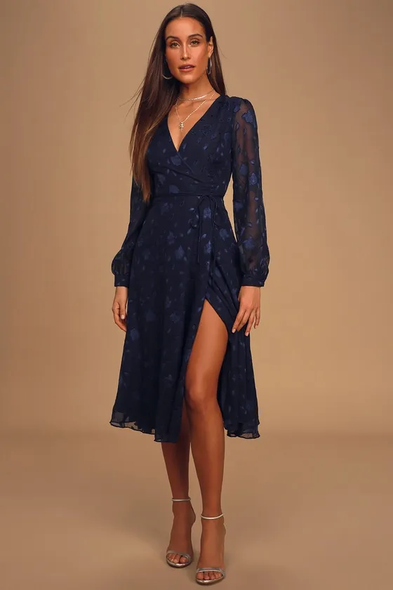Evening of Elegance Navy Blue Floral Jacquard Wrap Midi Dress sold by Lulus product image thumbnail 3