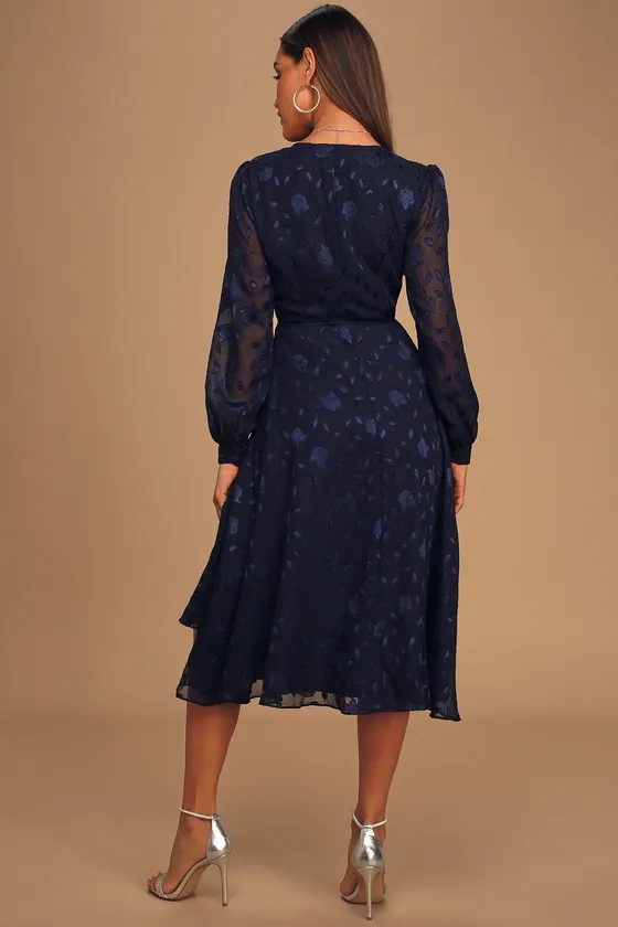 Evening of Elegance Navy Blue Floral Jacquard Wrap Midi Dress sold by Lulus product image thumbnail 4