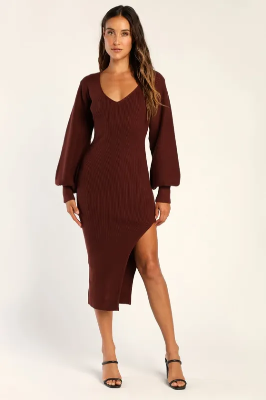 Autumn Darling Chocolate Brown Balloon Sleeve Midi Sweater Dress sold by Lulus