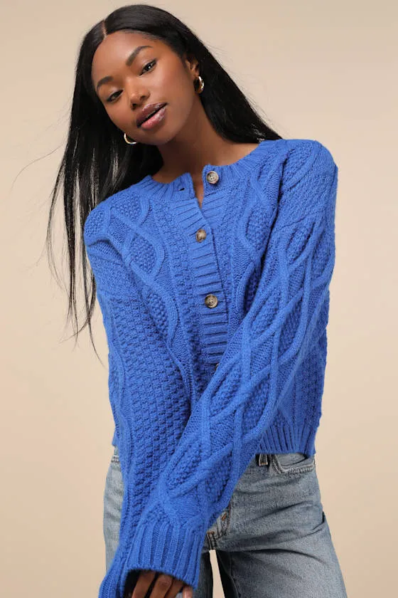Comfy Discovery Blue Cable Knit Button-Up Cardigan Sweater sold by Lulus
