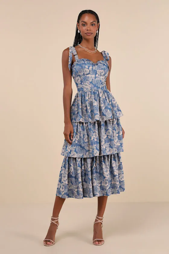 Lovely Bliss Blue Floral Jacquard Strapless Bustier Midi Dress sold by Lulus