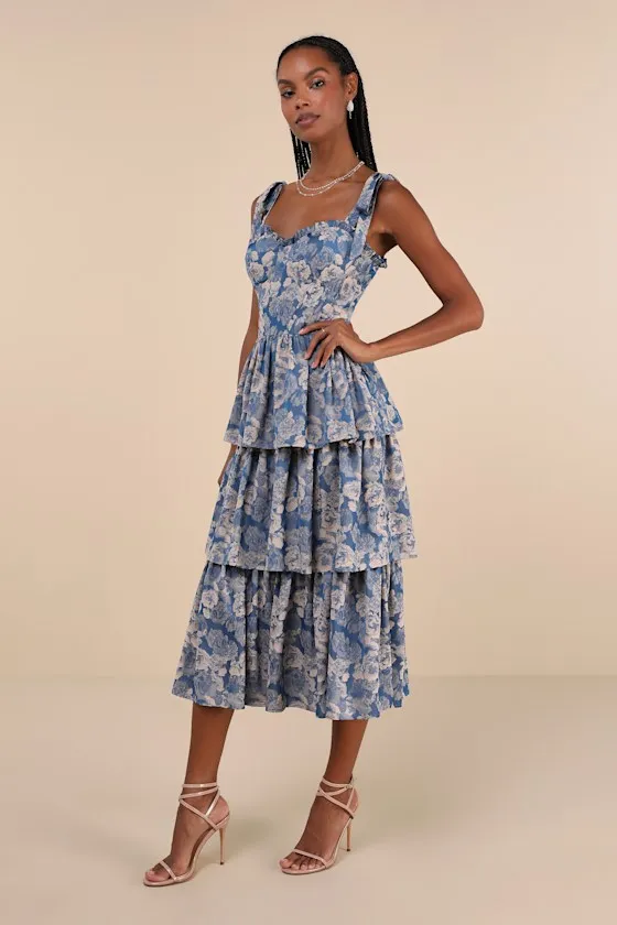 Lovely Bliss Blue Floral Jacquard Strapless Bustier Midi Dress sold by Lulus product image thumbnail 2