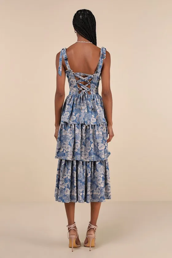 Lovely Bliss Blue Floral Jacquard Strapless Bustier Midi Dress sold by Lulus product image thumbnail 3