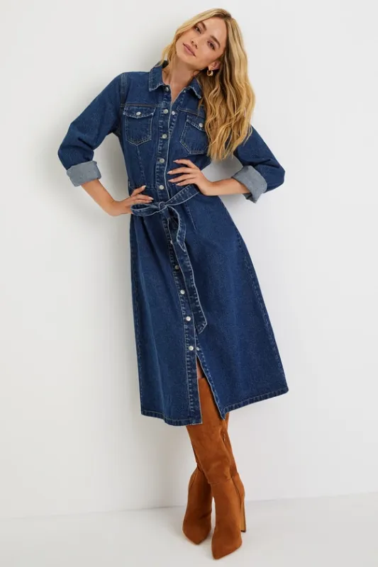 Edgy Instinct Dark Wash Denim Long Sleeve Midi Dress sold by Lulus