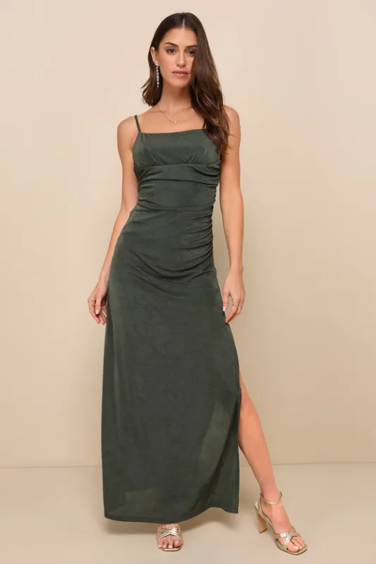 Complete Catch Olive Green Backless Lace Ruched Maxi Dress sold by Lulus