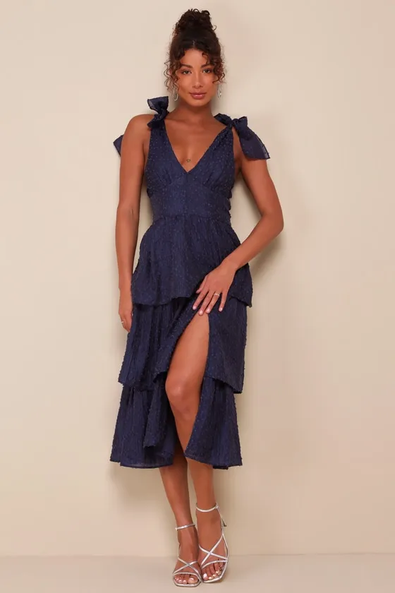 Blissful Direction Navy Tie-Strap Clip Dot Bustier Midi Dress sold by Lulus