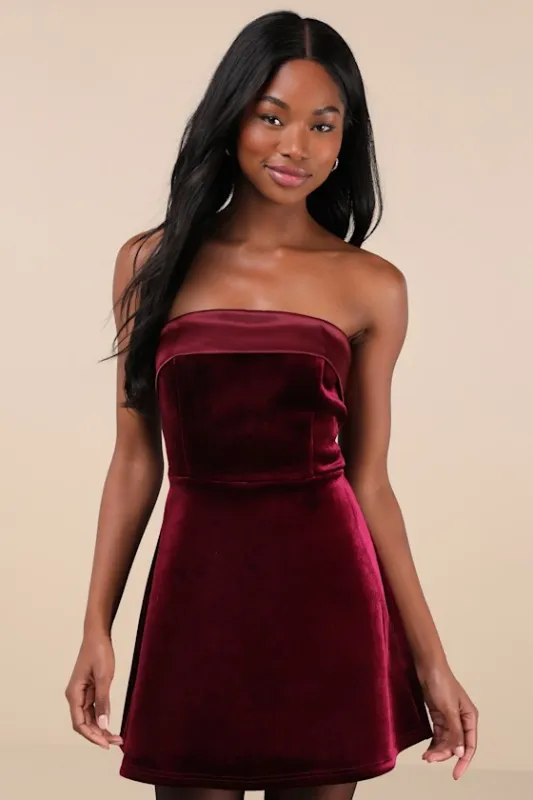 Captivating Admiration Burgundy Velvet Strapless Mini Dress sold by Lulus
