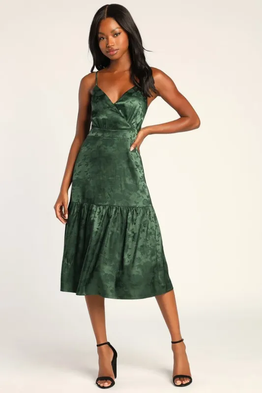 Be Your Favorite Emerald Green Satin Jacquard Midi Dress sold by Lulus