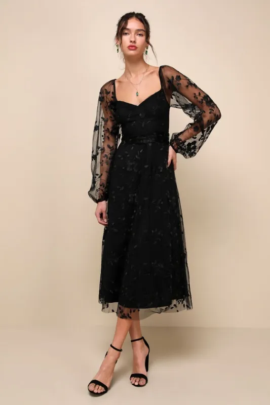 Darling Charisma Black Mesh Embroidered Midi Dress sold by Lulus