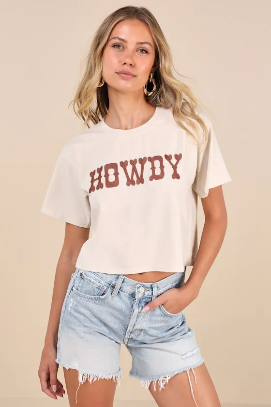 Howdy Hottie Beige Embroidered Graphic Tee sold by Lulus