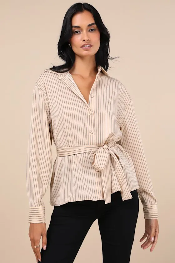 Poised Composure Beige Striped Satin Long Sleeve Button-Up Top sold by Lulus