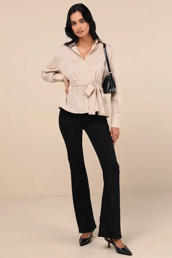 Poised Composure Beige Striped Satin Long Sleeve Button-Up Top sold by Lulus product image thumbnail 2