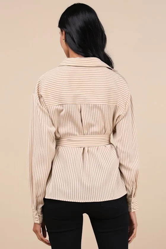 Poised Composure Beige Striped Satin Long Sleeve Button-Up Top sold by Lulus product image thumbnail 3