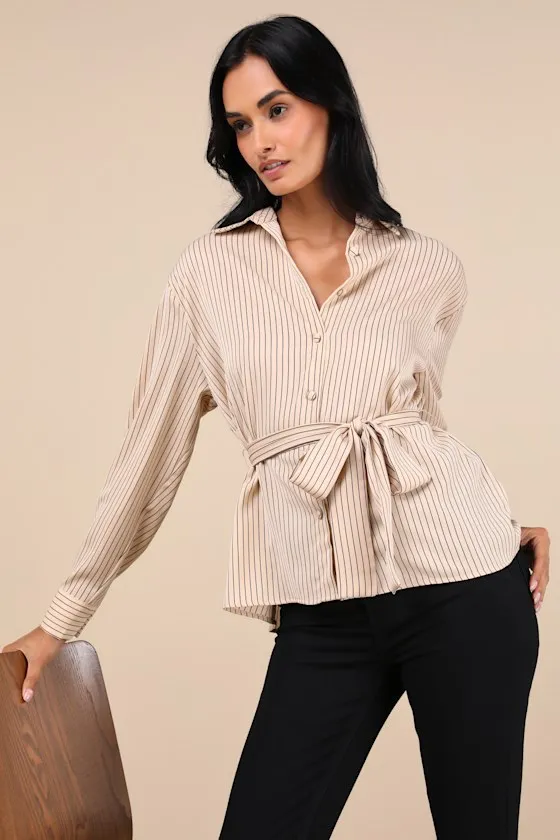 Poised Composure Beige Striped Satin Long Sleeve Button-Up Top sold by Lulus product image thumbnail 4