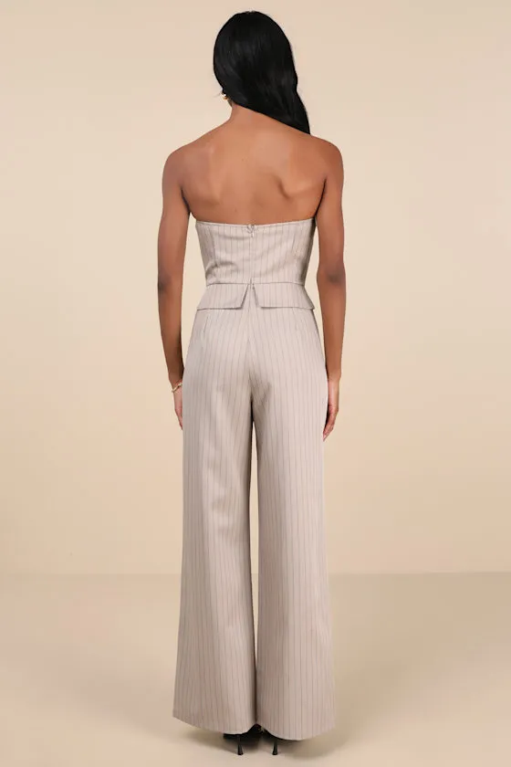 Polished Charisma Taupe Pinstriped Strapless Jumpsuit sold by Lulus product image thumbnail 2