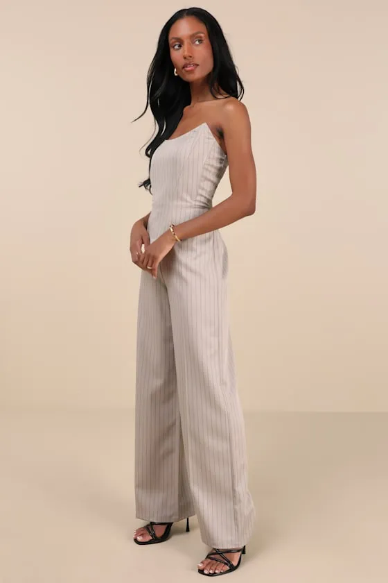 Polished Charisma Taupe Pinstriped Strapless Jumpsuit sold by Lulus product image thumbnail 3