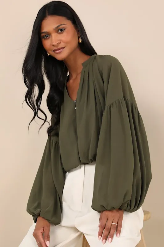 Season of Blooms Olive Green Balloon Sleeve Top sold by Lulus