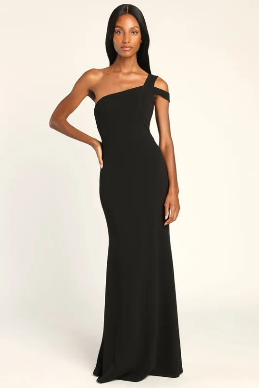 Make an Entrance Black One-Shoulder Mermaid Maxi Dress sold by Lulus