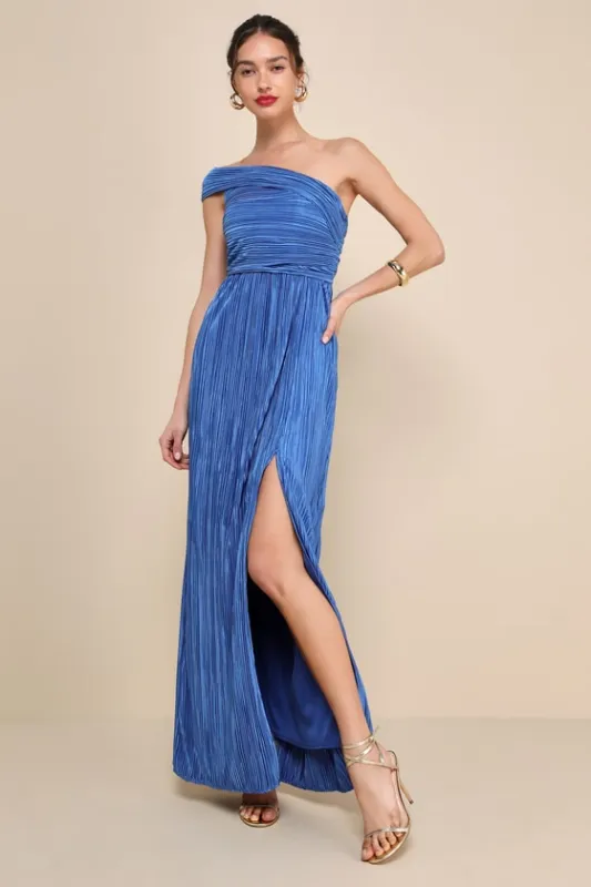 Poised Performance Blue Plisse One-Shoulder Maxi Dress sold by Lulus