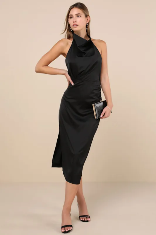 Gorgeous Season Black Satin Backless Midi Dress sold by Lulus