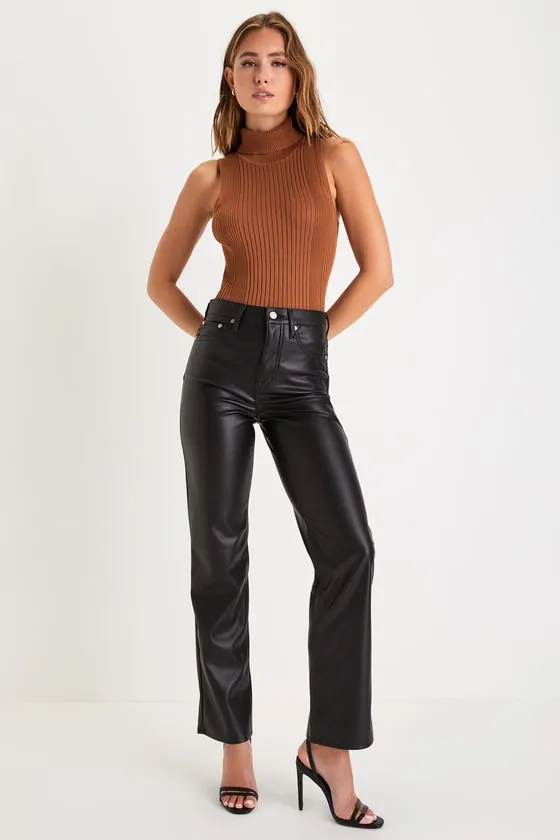 Sundaze Black Vegan Leather High-Rise Straight Leg Pants sold by Lulus