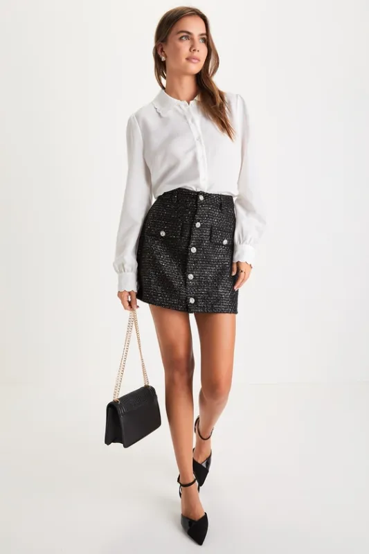Posh Reputation Black Tweed Rhinestone Button-Front Mini Skirt sold by Lulus