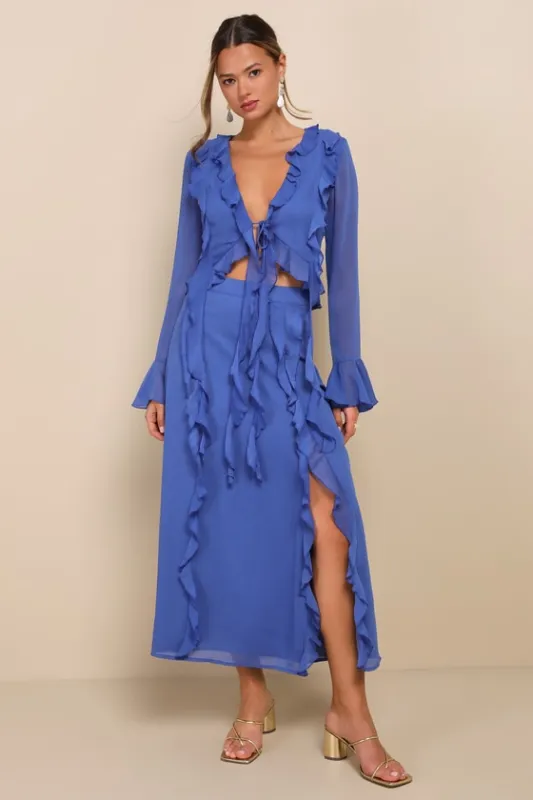 Destined to Stun Blue Chiffon Ruffled Midi Skirt sold by Lulus