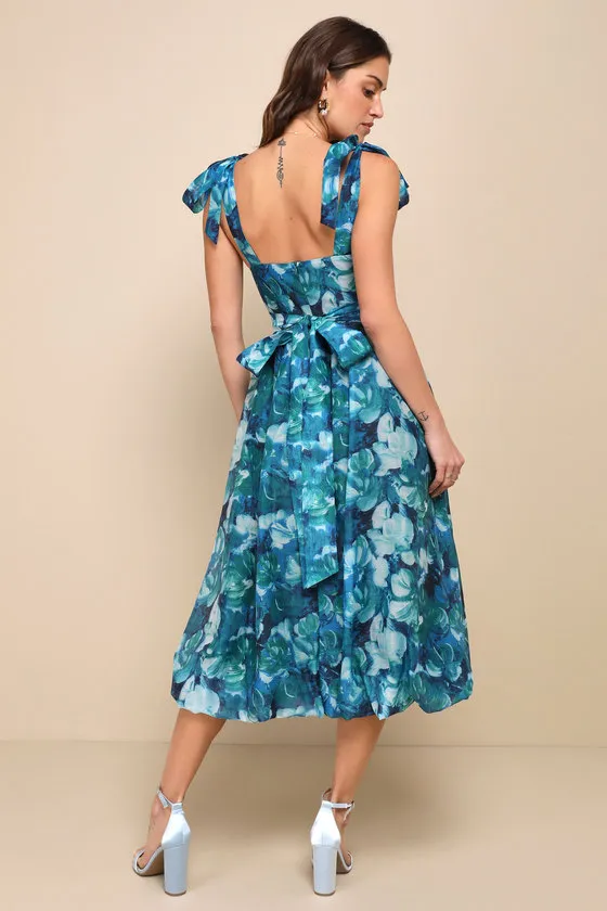 Flowering Day Dream Teal Blue Floral Organza Midi Bubble Dress sold by Lulus product image thumbnail 2