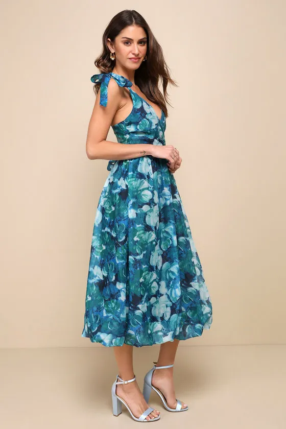 Flowering Day Dream Teal Blue Floral Organza Midi Bubble Dress sold by Lulus product image thumbnail 4