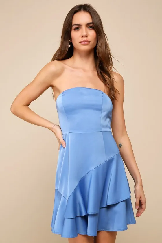 Certainly the Cutest Blue Satin Tiered Strapless Mini Dress sold by Lulus