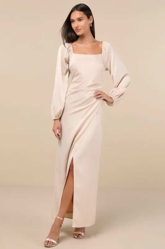 Eternal Heart Champagne Satin Long Sleeve Maxi Dress sold by Lulus
