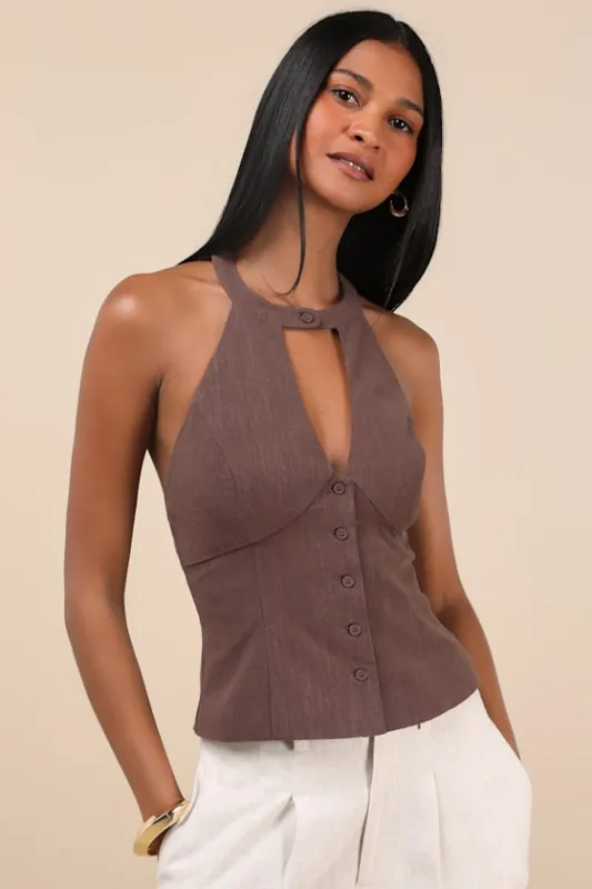 Pamula Brown Halter Button-Front Top sold by Lulus