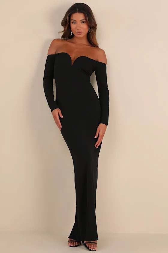 Opulent Perfection Black Long Sleeve Off-the-Shoulder Maxi Dress sold by Lulus