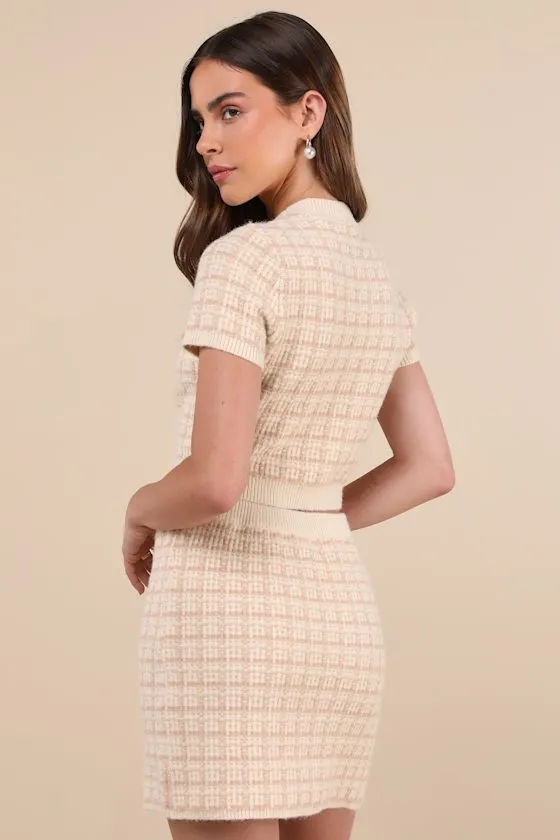 Enviably Luxury Beige Plaid Two-Piece Sweater Mini Dress sold by Lulus product image thumbnail 2